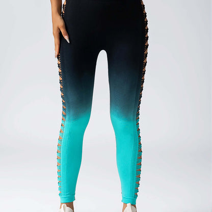 Gradient booty leggings with turquoise ombre effect and side cut-outs, designed for stylish and comfortable activewear.