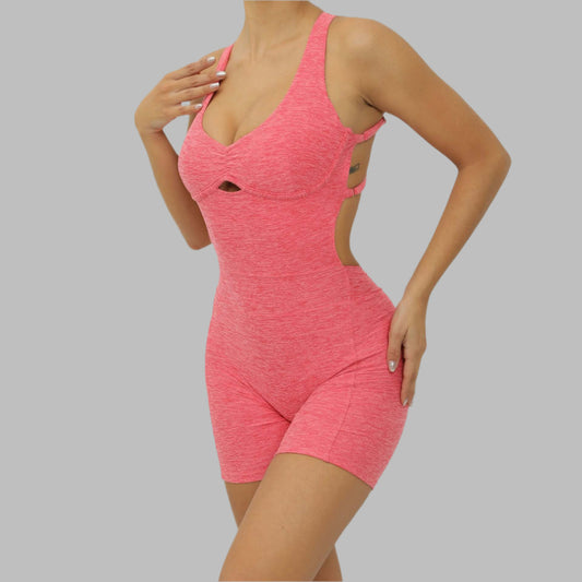 Woman wearing pink adjustable yoga shaper. Made of organic cotton. Features relaxed fit and breathable material. Stylish and comfortable.