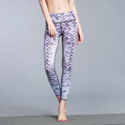 Woman wearing printed yoga leggings with unique pattern for workout or casual wear.