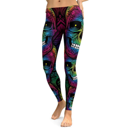 Colorful rainbow skull leggings showcasing a bold, edgy design perfect for fashion-forward individuals.