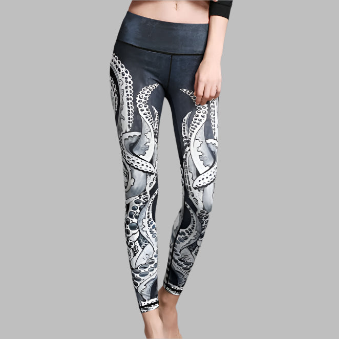 Woman wearing printed yoga leggings with octopus design, showcasing stylish, comfortable activewear for women.