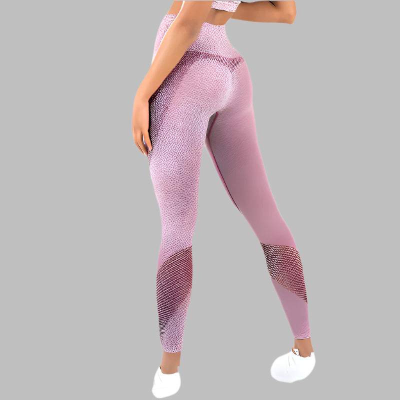 Back view of a woman wearing pink textured fitness leggings, showcasing high-waisted design and breathable mesh panels.