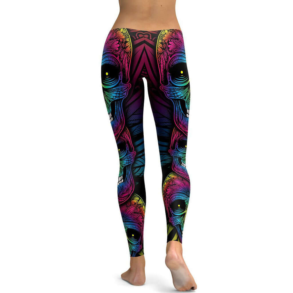 Colorful rainbow skull leggings with vibrant design, available in multiple sizes, perfect for stylish and unique fashion lovers.