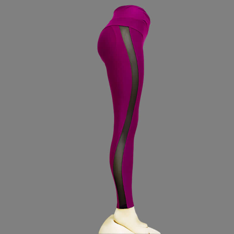 Women's high waist sport yoga leggings with elastic material in purple, featuring a stylish black stripe design, perfect for fitness.