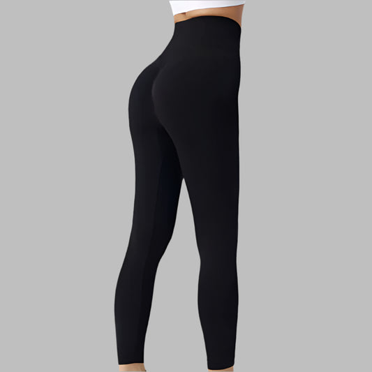 Black workout running leggings for women, shown in size S, M, L, highlighting fit and style on a grey background.