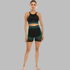 Women's 2PCS gym set featuring a black sports top and shorts with green accents, ideal for fitness and workouts.