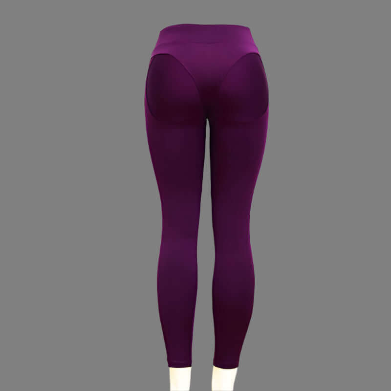 Purple women's high waist yoga leggings, back view, elastic sport pants for fitness and comfort.