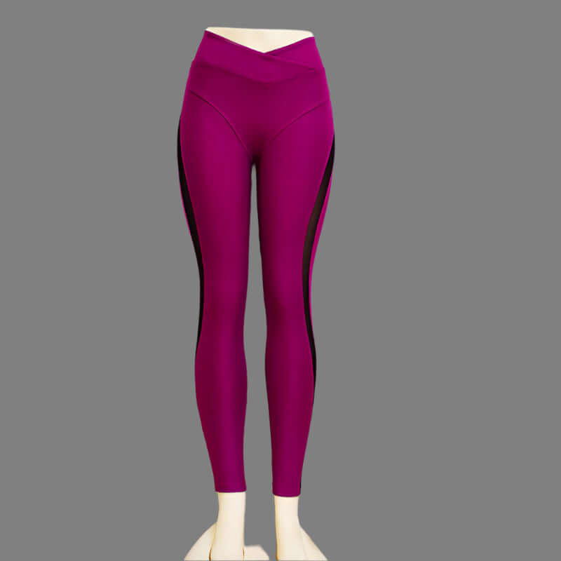 Women's high waist sport leggings in purple with black accents, elastic and ideal for yoga or fitness activities.