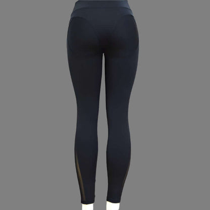 Black high-waist women's yoga leggings with elastic sport fit, back view.