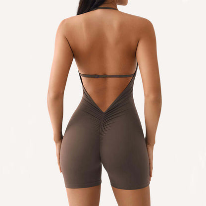 Back view of a backless long sleeve yoga set made from organic cotton. Features a relaxed fit and breathable material for comfort.