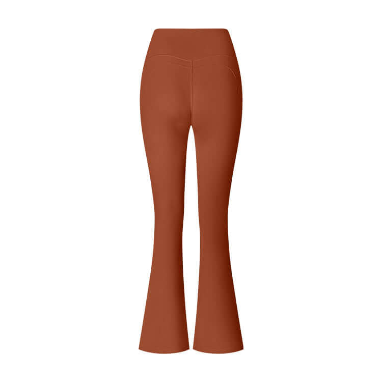 Back view of high-waisted brown flared yoga pants, showcasing comfort and style for fitness or casual wear.