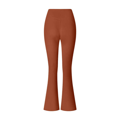 Back view of high-waisted brown flared yoga pants, showcasing comfort and style for fitness or casual wear.