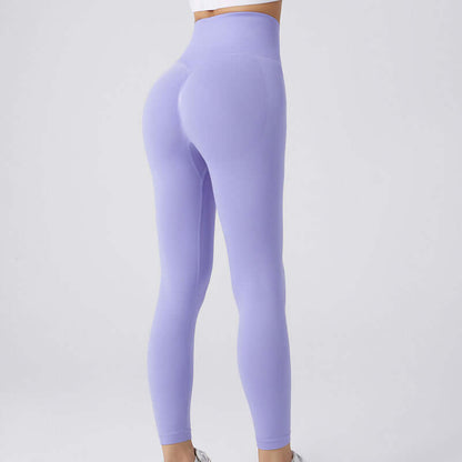 Rear view of purple workout running leggings, available in sizes S, M, L; ideal for weights 40-65 kg.