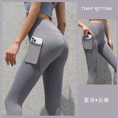 Gray seamless leggings with pockets, high-waisted push-up design for women, ideal for yoga, fitness, and running activities.