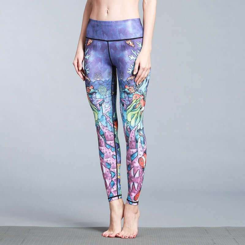 Women's printed yoga leggings with vibrant abstract design, high waist, and stretchy material, perfect for fitness and casual wear.