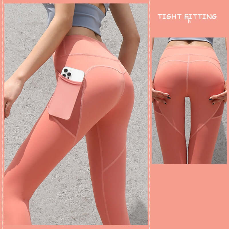 Women's seamless leggings with pockets, high waist, push up, fitness yoga pants, pink color, close-up view.