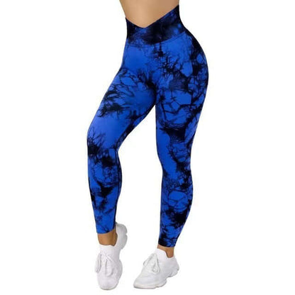 Blue tie dye leggings for women, featuring a high waist design and vibrant pattern, perfect for yoga and casual wear.