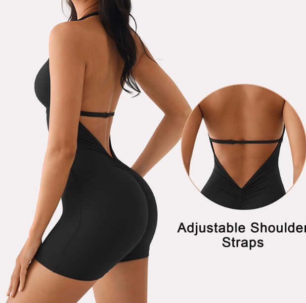 Backless yoga set in organic cotton with adjustable straps. Relaxed fit and breathable material in black.