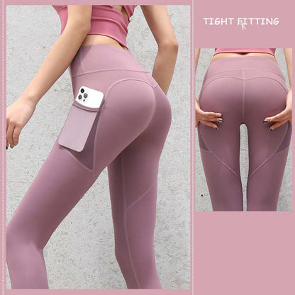 High-waist pink seamless leggings with pockets for women, designed for yoga and running. Tight fitting, sporty, and stylish.