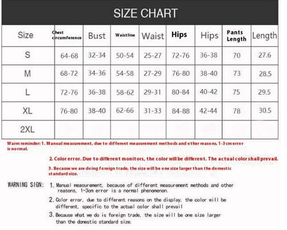 Size chart for various clothing sizes from S to 2XL, detailing chest, bust, waistline, hips, pants length, and garment length measurements.