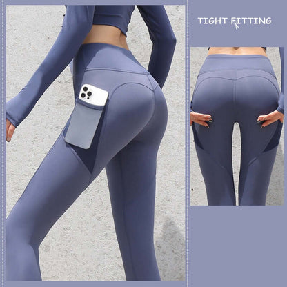 Seamless leggings with pockets, high waist, push-up, ideal for gym, running, and yoga. Tight fitting, blue color.