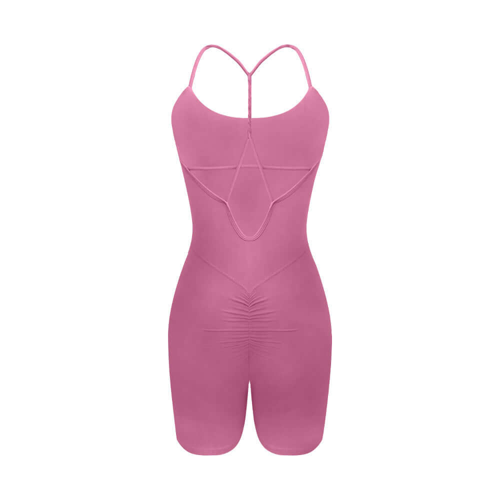 Sporty yoga bodysuit in pink. Made from organic cotton. Features a relaxed fit and breathable material for comfort.