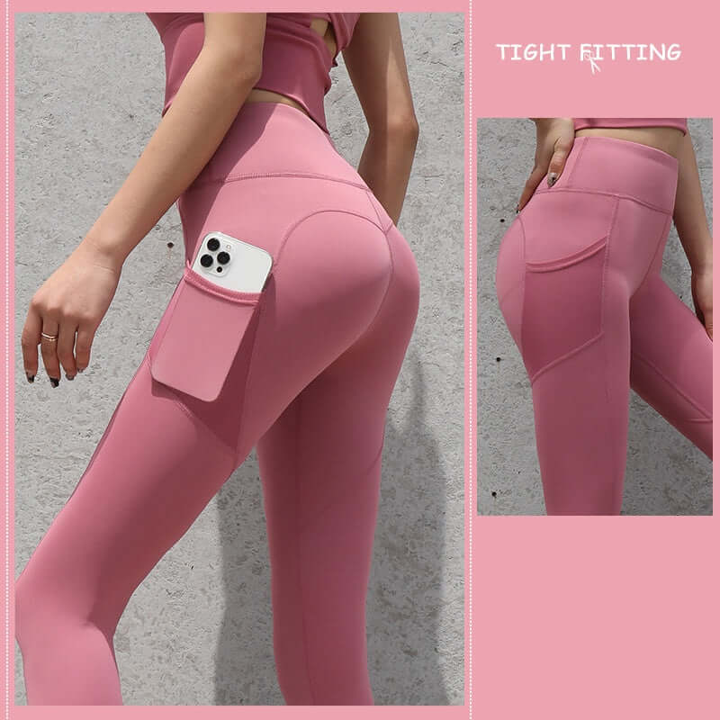 Pink seamless leggings with pockets for women, high waist, push-up design, ideal for running, yoga, fitness activities.