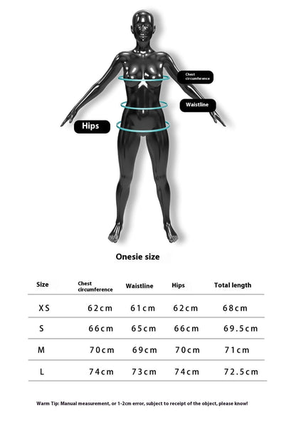 Size chart for a romper showing chest, waistline, and hips measurements.