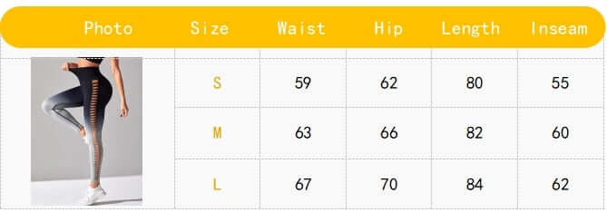 Size chart for gradient booty leggings featuring waist, hip, length, and inseam measurements for sizes S, M, and L.