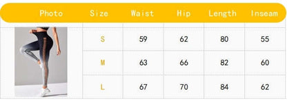 Size chart for gradient booty leggings featuring waist, hip, length, and inseam measurements for sizes S, M, and L.