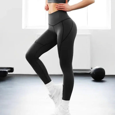 High-waist compression gym leggings for workouts and yoga, body-contouring, squat-proof, seamless, available in multiple colors and sizes.