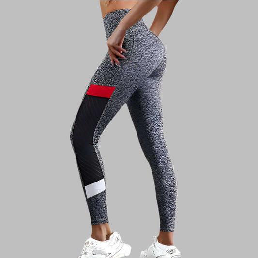 High-waisted mesh pocket leggings in gray with red and white accents, shown in side view on a person wearing white sneakers.