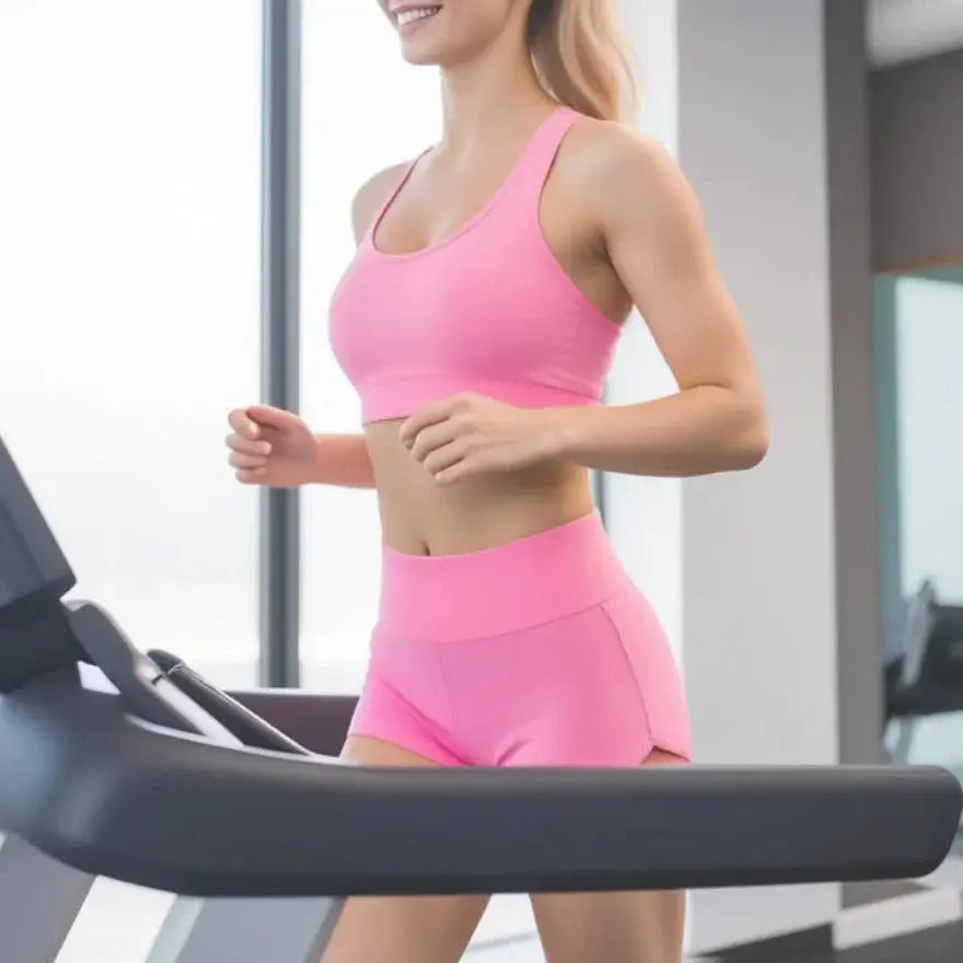 Woman in pink outdoor sport set running on treadmill, featuring sleeveless top and high-waisted shorts, ideal for gym and outdoor activities.