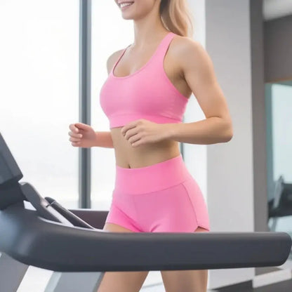 Woman in pink outdoor sport set running on treadmill, featuring sleeveless top and high-waisted shorts, ideal for gym and outdoor activities.