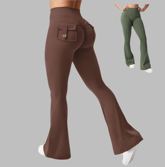 High-waisted workout lifting leggings in brown and green colors, showcasing back pocket design. Ideal for gym and casual wear.