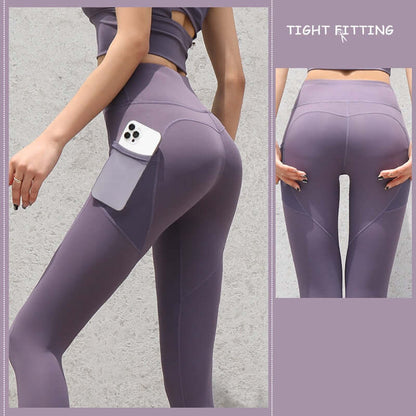 Seamless leggings with pockets, push-up high waist, ideal for yoga and running in purple. Tight-fitting, practical workout pants.