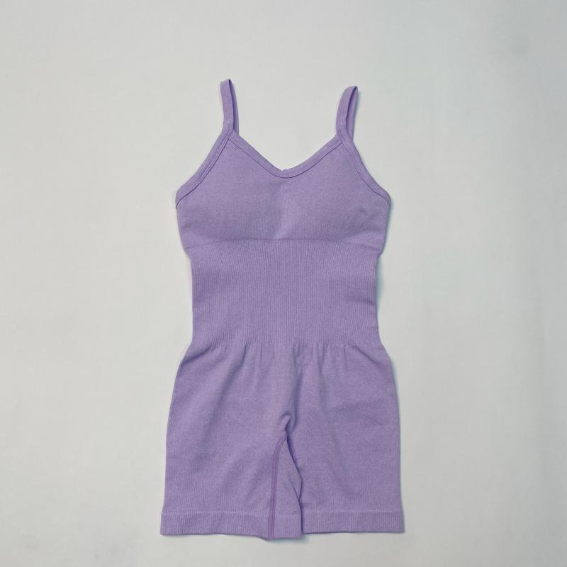 Lavender seamless knit yoga jumpsuit made of organic cotton. Offers relaxed fit and breathable material.