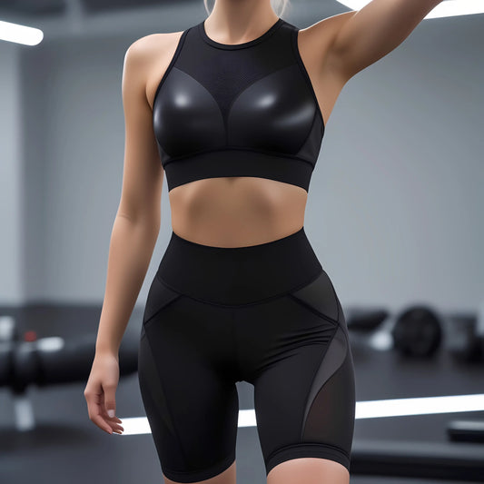 Woman wearing black workout fitness set in gym, squat-proof and moisture-wicking activewear, perfect for exercise or casual wear.