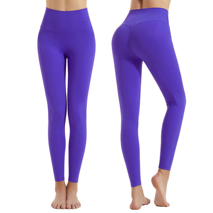Purple activewear sports leggings with tight fit and soft nylon fabric, ideal for yoga and workouts, shown from front and back.