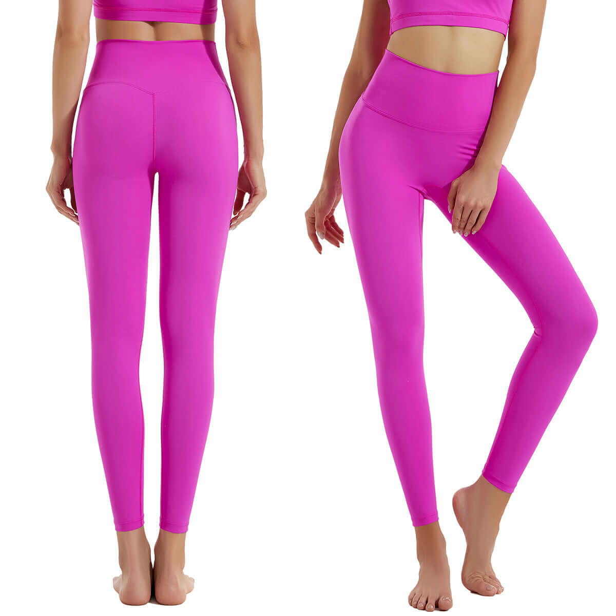Women's pink activewear sports leggings, tight fit, nylon fabric, ideal for yoga, workouts, and everyday wear, shown front and back view.