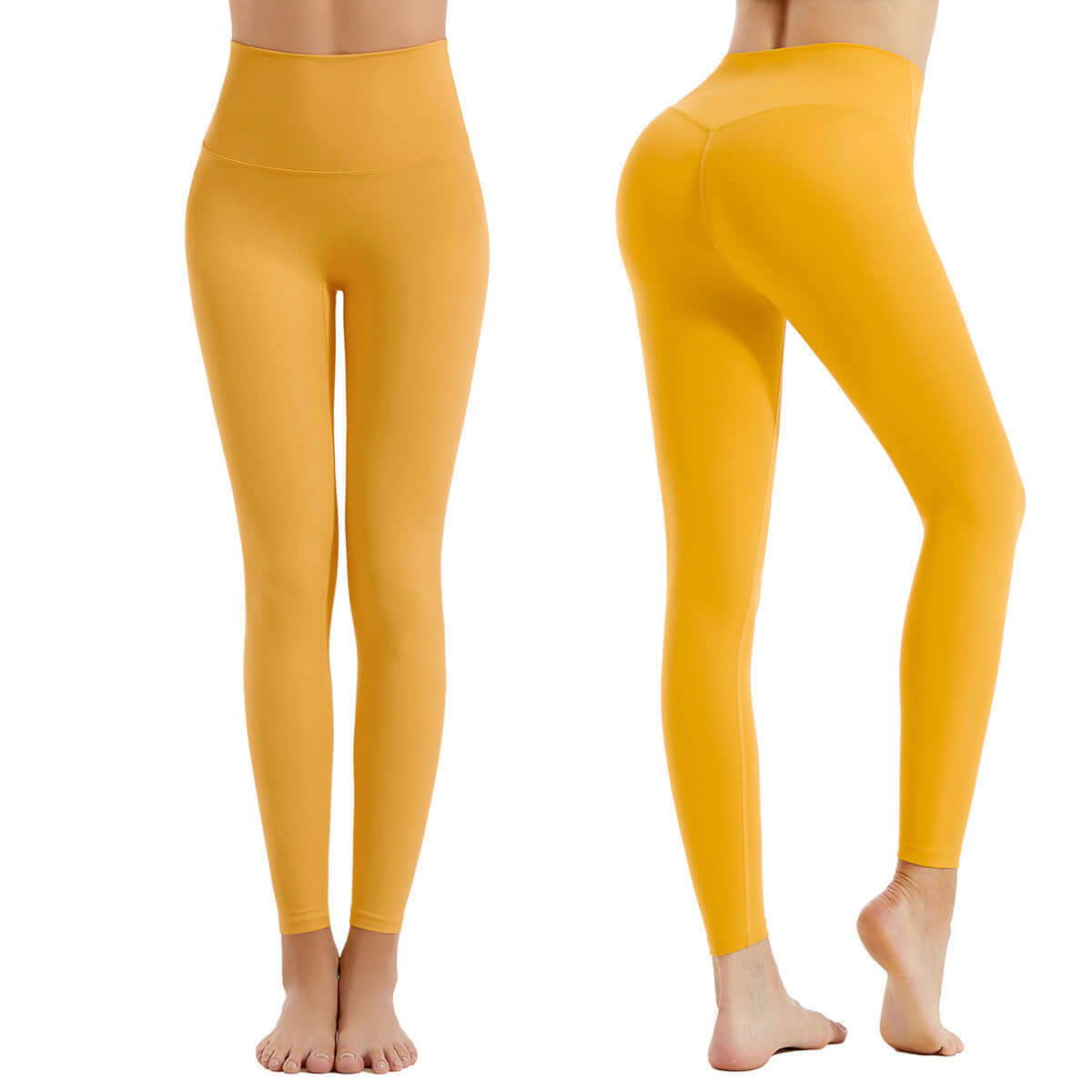 Yellow activewear sports leggings in tight fit, showcasing front and back view, ideal for yoga and workouts.