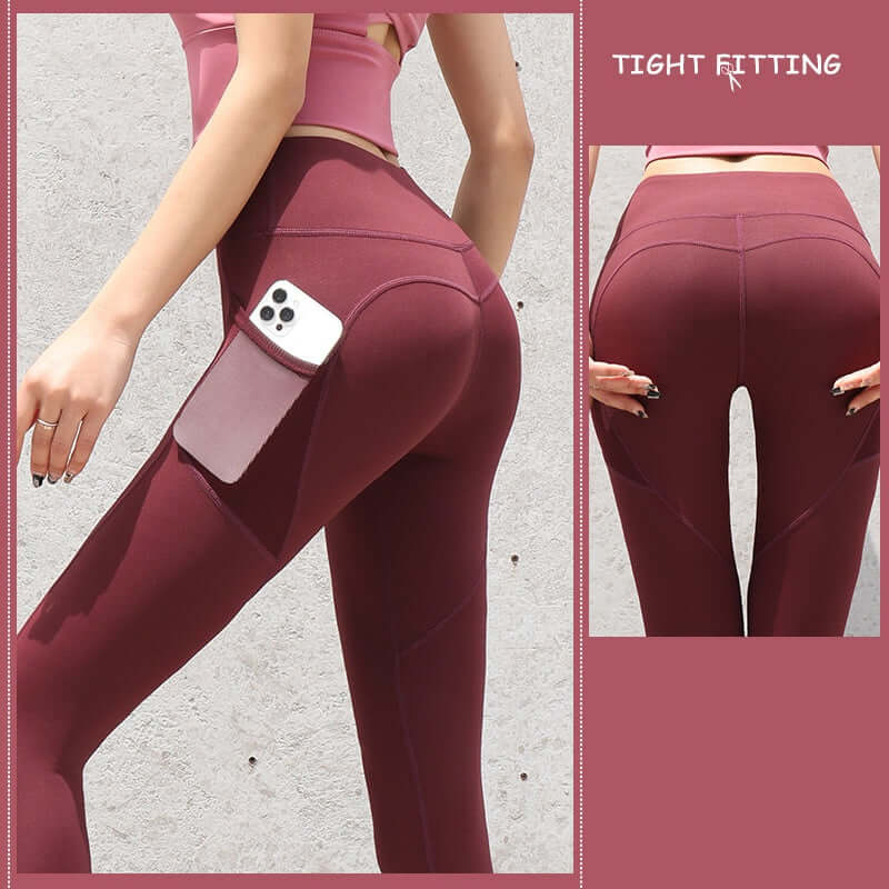 Women's gym leggings with pockets, push-up, high-waist, seamless design in maroon, ideal for yoga, fitness, and running workouts.