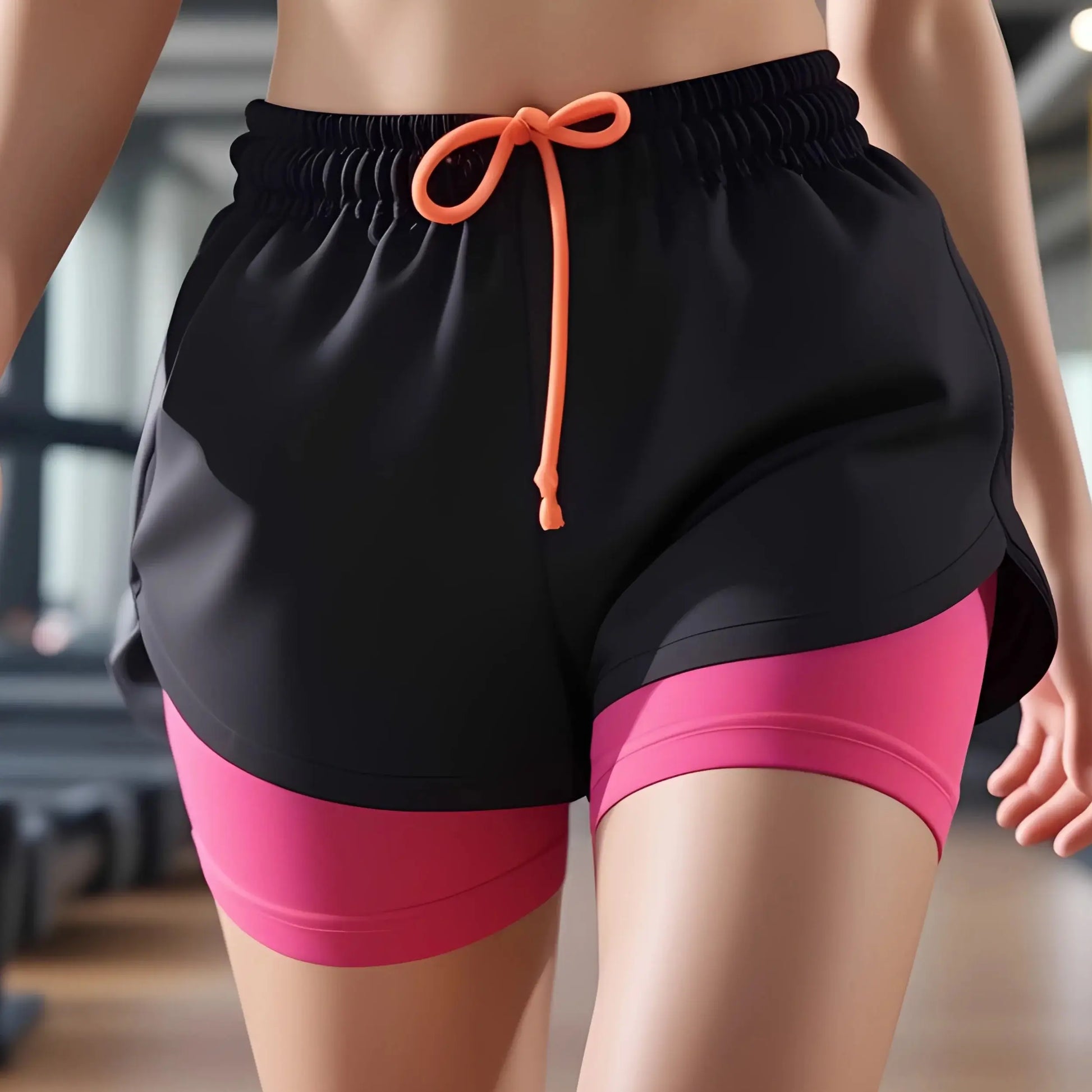 Woman wearing black and rose red anti-exposure sports shorts with drawstring, mid-rise support, ideal for running and cycling.