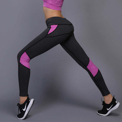 Woman wearing athletic mesh panel leggings in pink and gray; polyester fiber; available in sizes S to XL; side view showcasing stretchy fit.
