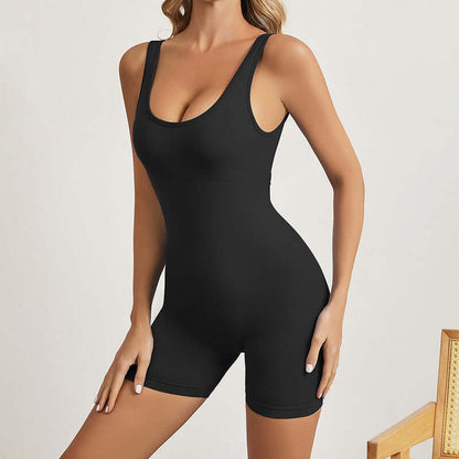 Seamless yoga romper made from organic cotton. Features a relaxed fit and breathable material. Perfect for workout comfort.