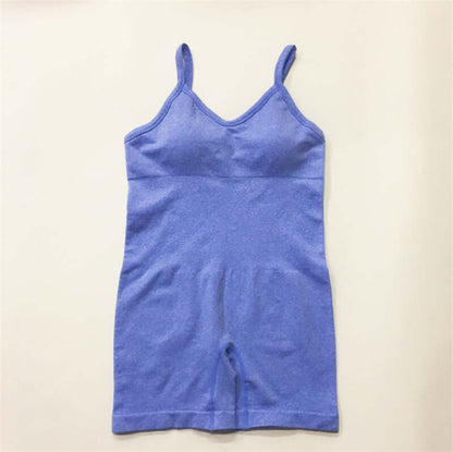 Seamless knit yoga jumpsuit in blue. Made from organic cotton. Relaxed fit with breathable material for comfort.