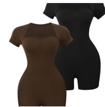 Solid short-sleeve yoga suit made of organic cotton. Features relaxed fit and breathable material in brown and black.