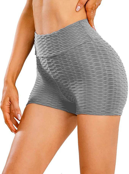 High waist textured gray shorts for women, perfect for gym workouts and casual wear, featuring a flattering fit and comfortable material.