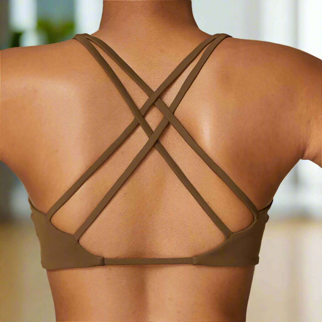 Back view of a brown quick-dry sport bra with cross-back straps, ideal for workouts like running, yoga, and gym sessions.