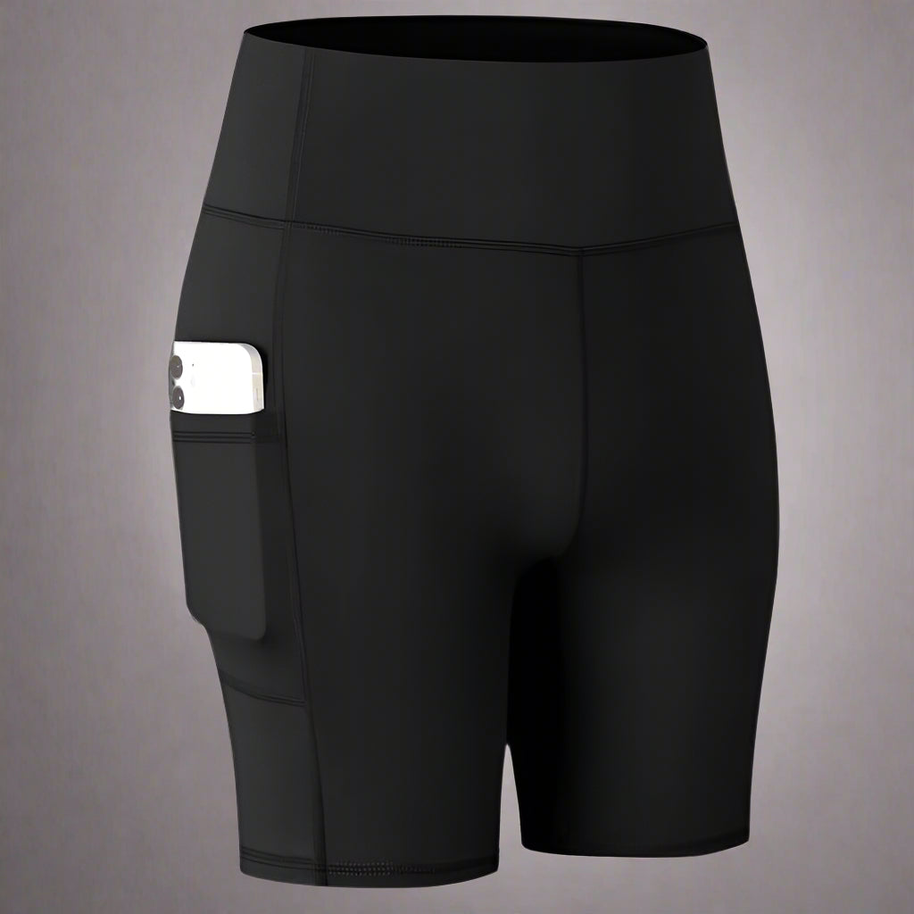 Black pocket sport shorts with phone pocket, ideal for workouts, featuring a sleek design and high-waist fit.